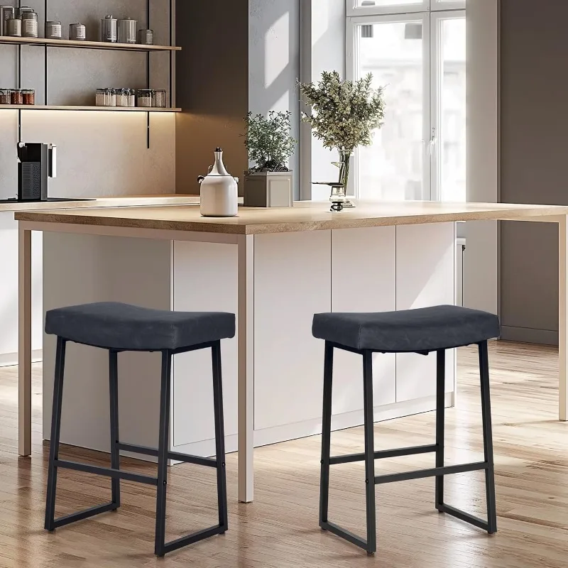 

Black Bar Stools Set of 2, 24 Inches Counter Height Saddle Stool for Kitchen, Backless Modern Barstools Upholstered Faux Leather