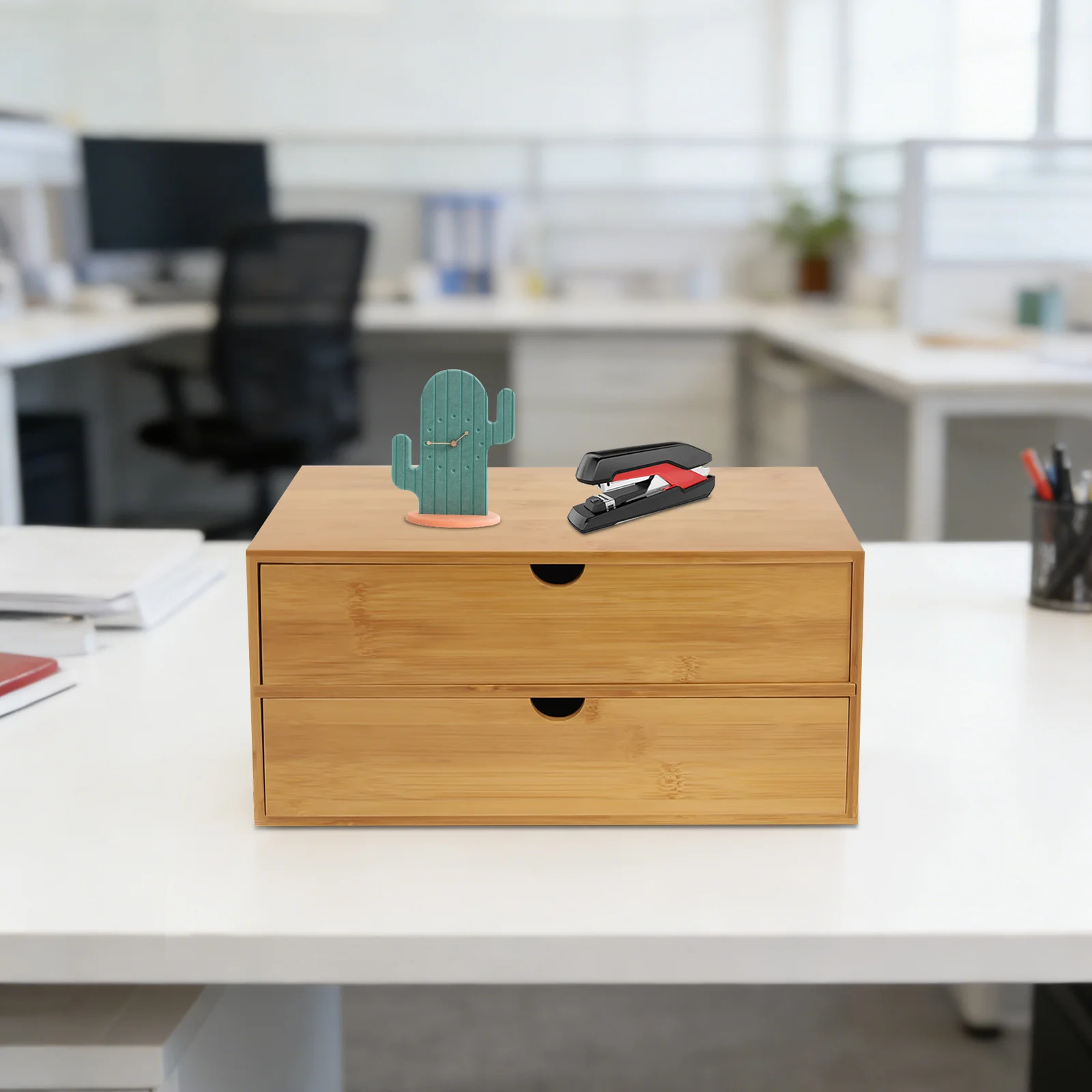 Desk Organizer, 2-Drawer Office Supplies Storage Box, Natural Bamboo Desktop Organizer with Smooth Finish, for Home Office Decor - view 2