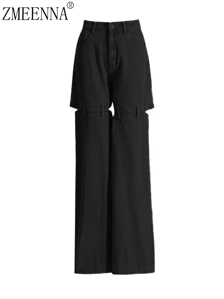 

ZMEENNA Women's Cutout Straight Jeans High Waisted Wide Leg Convertible Denim Pants Y2K Fashion Streetwear Trousers ZM31890