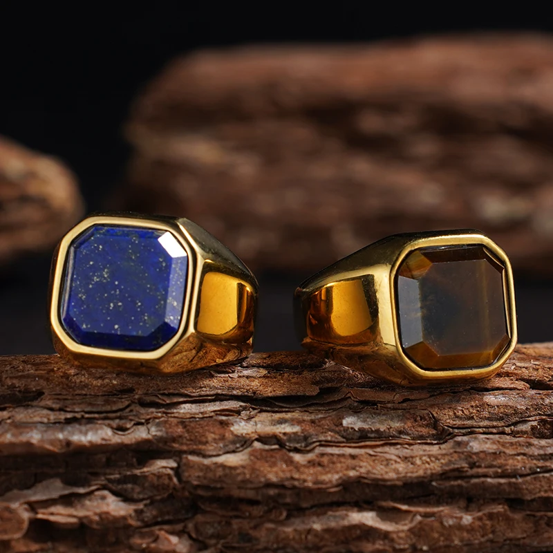 Elegant 316L Stainless Steel Elliptical Rings with Natural Stones - Lapis Lazuli - Handmade jewelry
