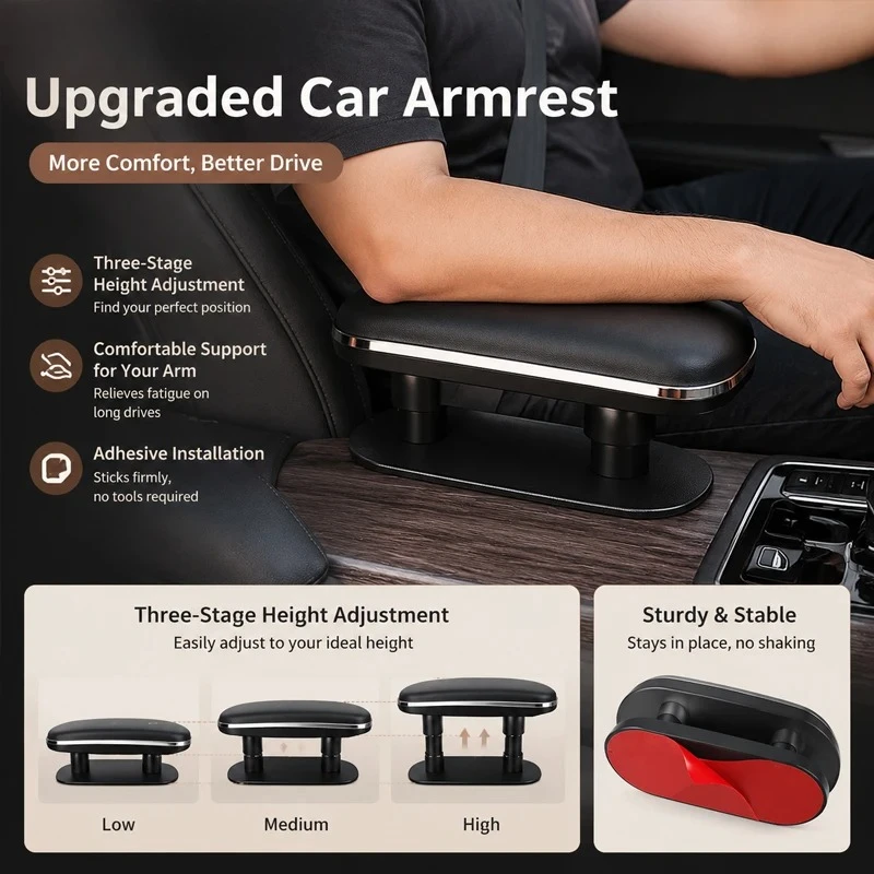 Universal Car Center Console Armrest Extender Pad Adjustable Height Elbow Rest Support with Memory Foam PU Leather 1PC