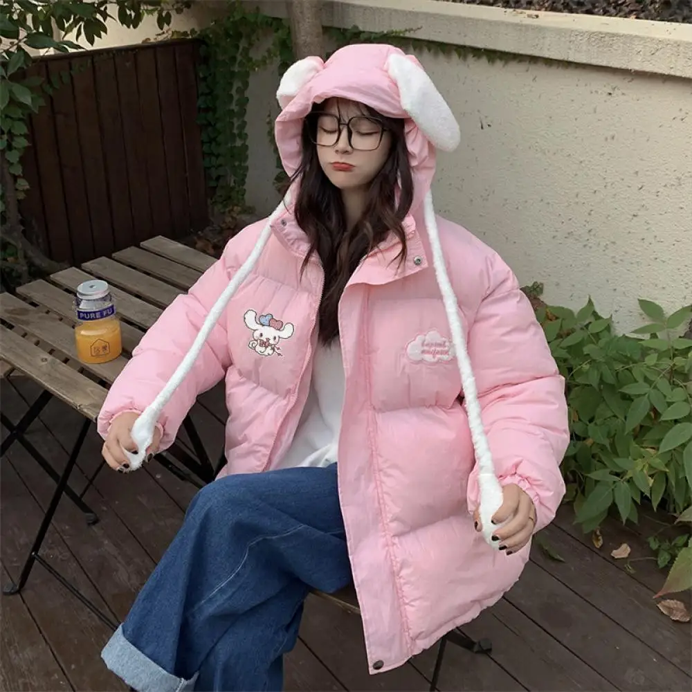 Cartoon Sanrioed Cinnamoroll Down Jacket Ears Can Move Kawaii Anime Winter Student Thickened Women Hooded Cotton Coat Loose Coat