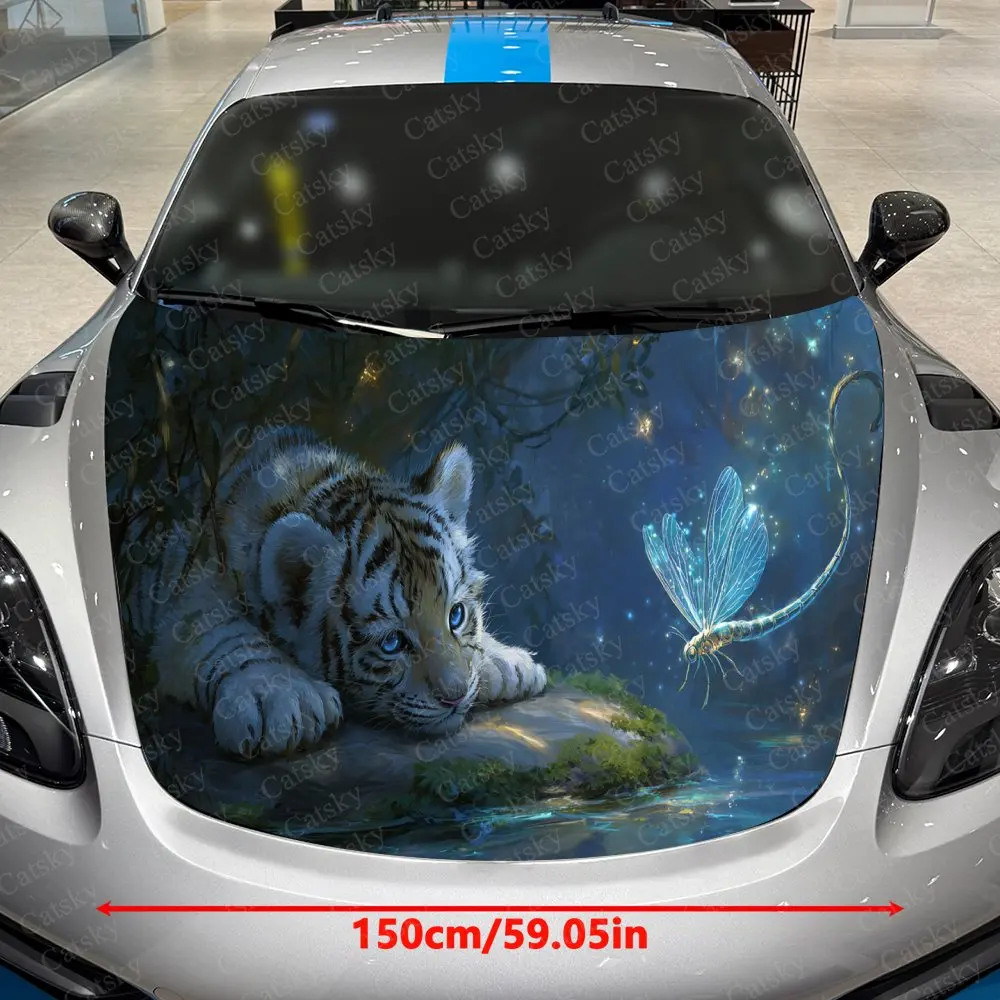 White Tiger & Glowing Dragonfly Car Vinyl Wrap, PVC Waterproof Car Hood Sticker, Self-Adhesive Scratch-Resistant Stickers