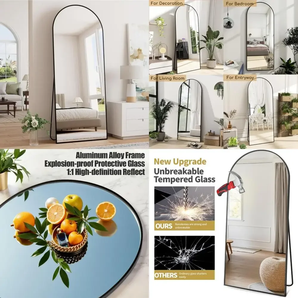 Miroir mural pleine longueur à dessus arqué avec support pour chambre à coucher, miroirs de sol inclinés ou suspendus 64 x 21