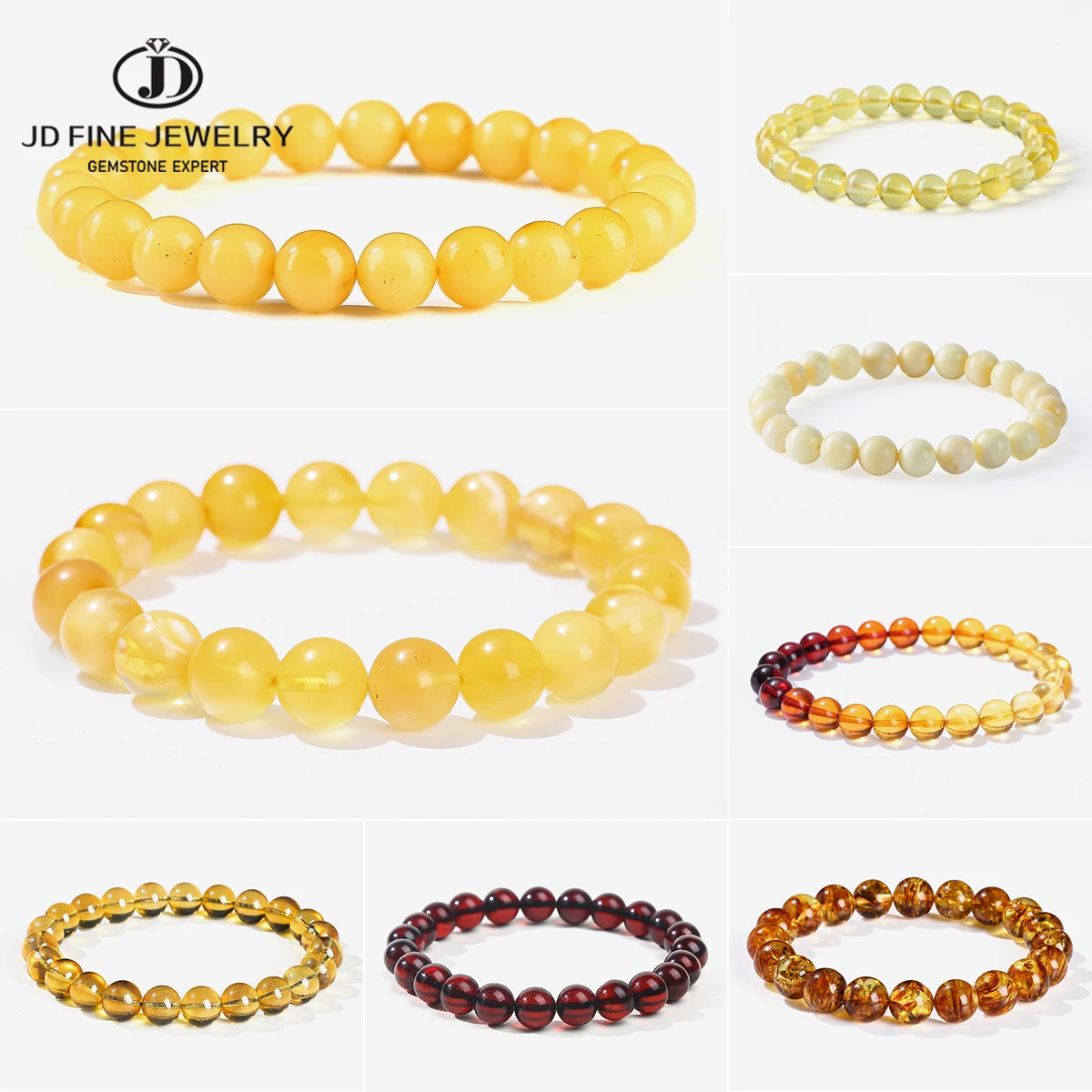 JD Natural Amber Bead Strand Bracelet for Men Women Genuine Baltic Amber Healing Crystal Energy Stone Adjustable String Gifts
