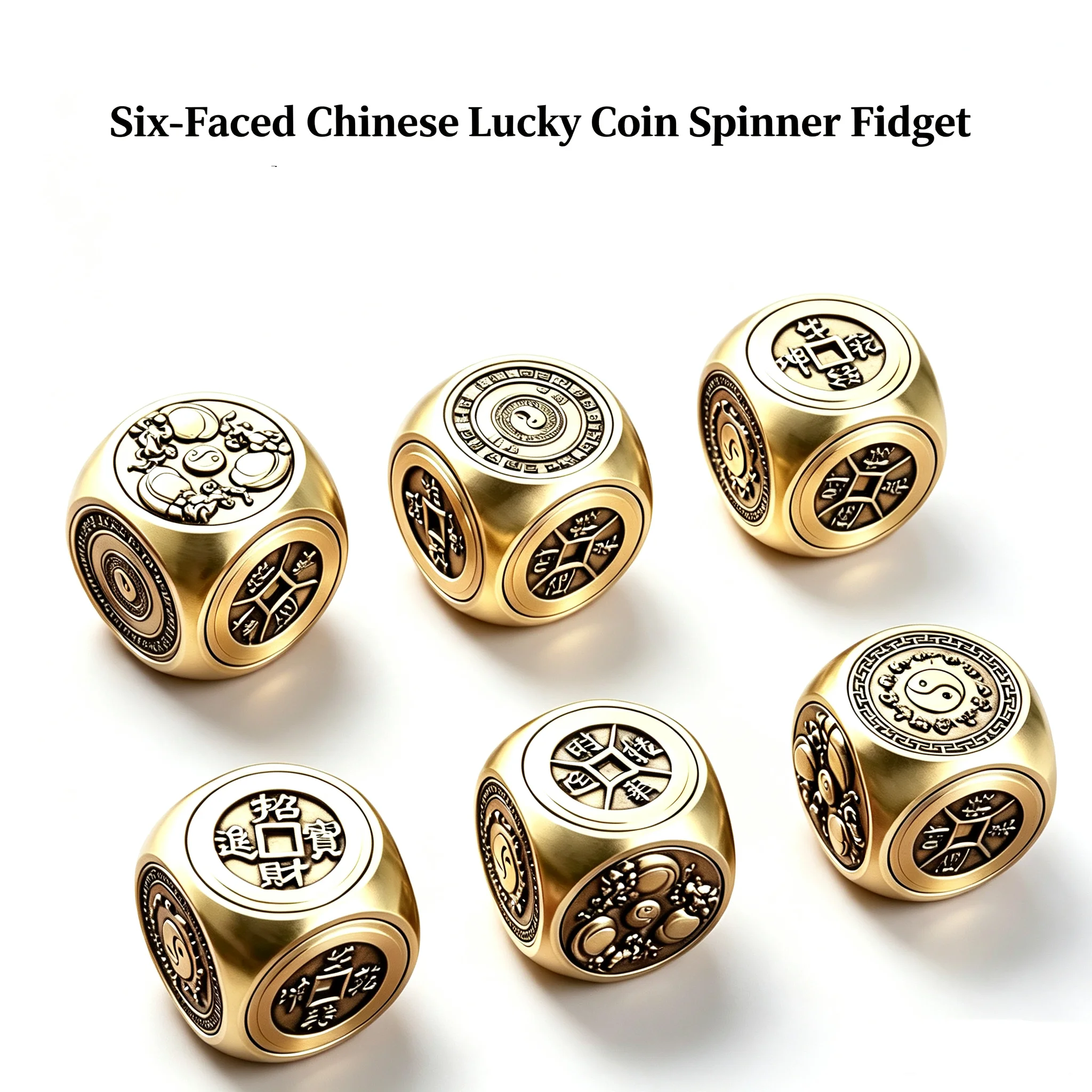 Brass 6-Sided Chinese Lucky Coin Spinner Fidget Dice, Feng Shui Fortune & Wealth Toy, Stress Relief Anxiety Decompression Gadget