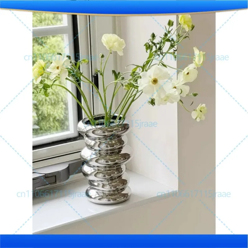 Silver Pebble Ceramic Decoration Flower Vase Geometric Stack Floral Arrangement Accessories Terrarium Room Decoration