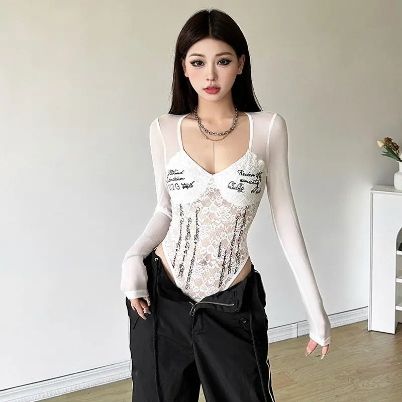 Pure and Sexy Sexy Lace Hollow V-neck Slim T-shirt Jumpsuit for Women