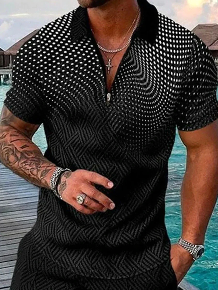 Men's Casual Print Lapel Polo Shirt 3D Printed Zip Up Polo Shirt Casual Collar Regular Fit Polo Shirt