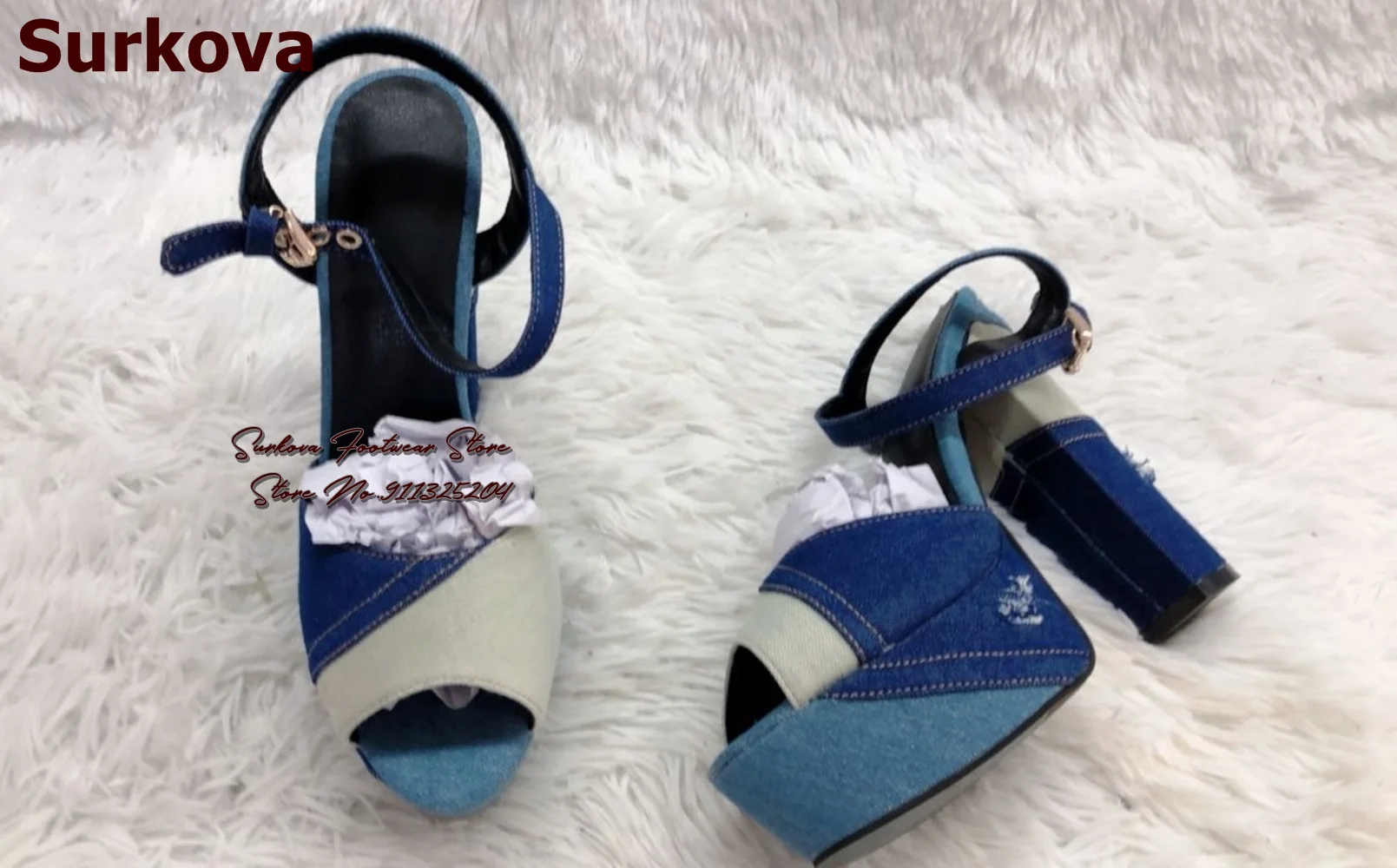 Surkova Blue Denim Color Patchwork Chunky Heel Sandals Women Platform Open Toe Jeans Dress Shoes Buckle Strap Party Block Heels