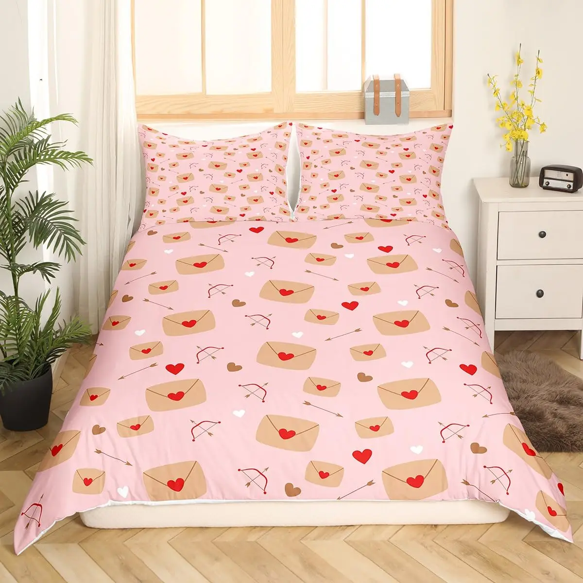 Red and Pink Love Heart Pattern Duvet Cover Valentine's Day Geometric Bedding Set Romantic Comforter Cover Polyester Quilt Cover