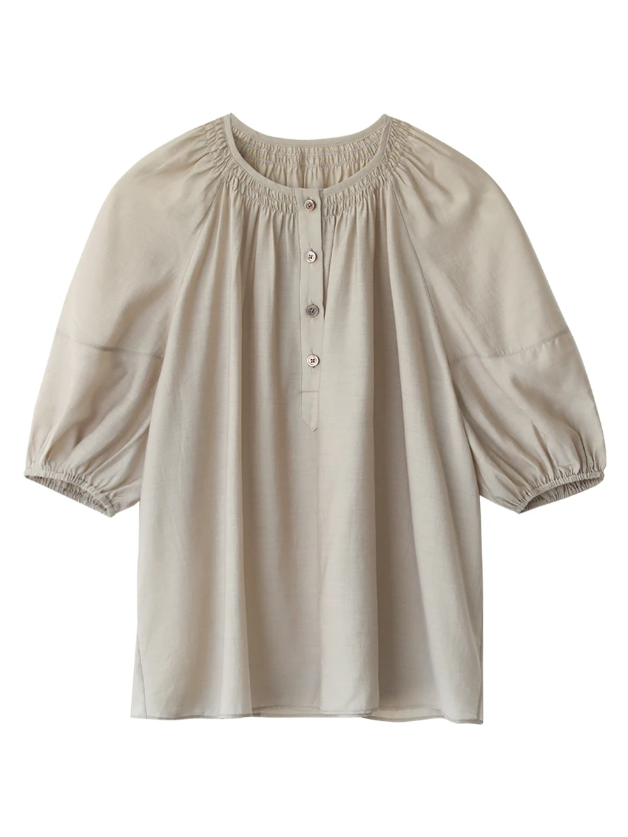 CHICVEN Women Shirt Solid Loose Casual New O Neck Pleated Mid Sleeve Blouses Female Pullover Spring Autumn 2025 Clothing