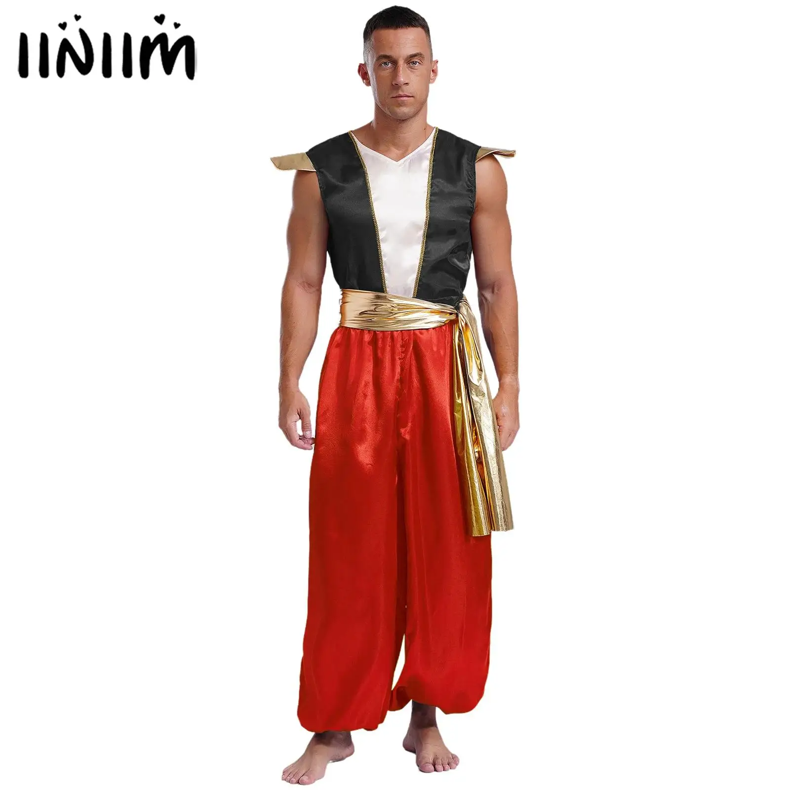 Mens Halloween Costume Arabian Aladin Mythical Prince Lamp Cosplay Outfits Jumpsuit with Belt Metallic Shiny Satin Romper