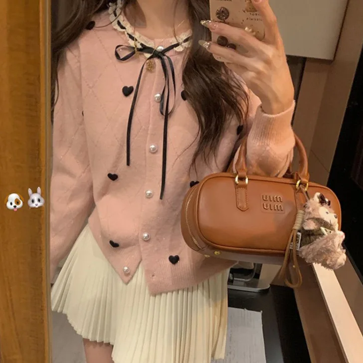 Amor coração renda redonda ne nó único botão de malha aberta cardigan feminino outono inverno novo sle jovem quente t...