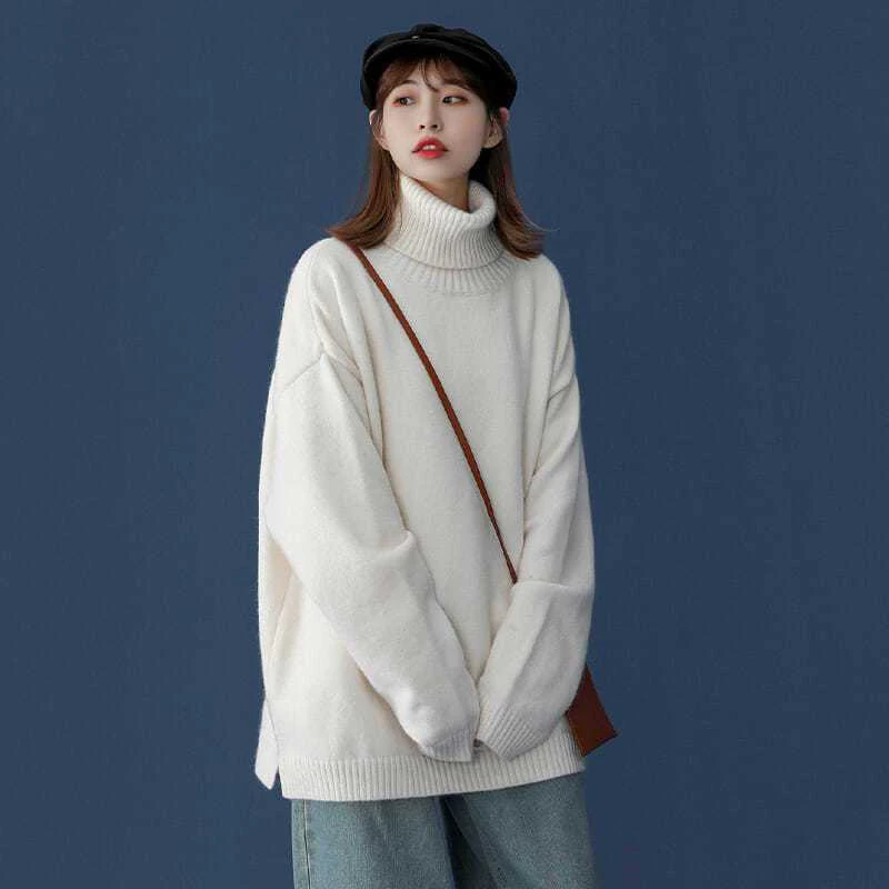 Autumn Winter Thicken Turtleneck Long Sleeve Women Sweater Black White Inside Fashion Loose Casual Oversized Pullover Streetwear