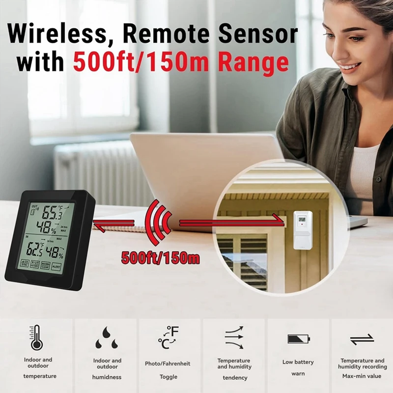 Внутренний и наружный цифровой электронный измеритель температуры и влажности с 1-сенсорной подсветкой, беспроводной датчик на большие расстояния