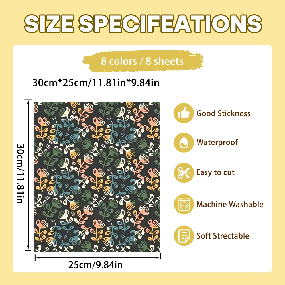 8pcs retro flower heat transfer film, high coverage for dark fabrics, DIY decor for pillows & canvas bags