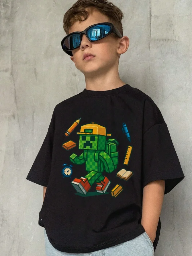 Boy's Back To School Pixel Creeper Graphic T-Shirt, Gamer Kids Style Short Sleeve Tee, Video Game Character School Supplies Print Top For Boys Girls