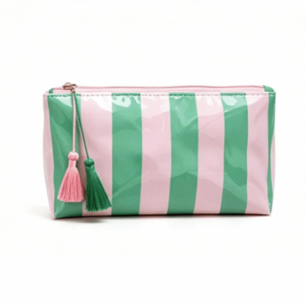 Waterproof Striped Cosmetic Bag Large Capacity Polyester Lining PVC Toiletry Bag Simple Tassel Pendant Beach Storage Bag Friends