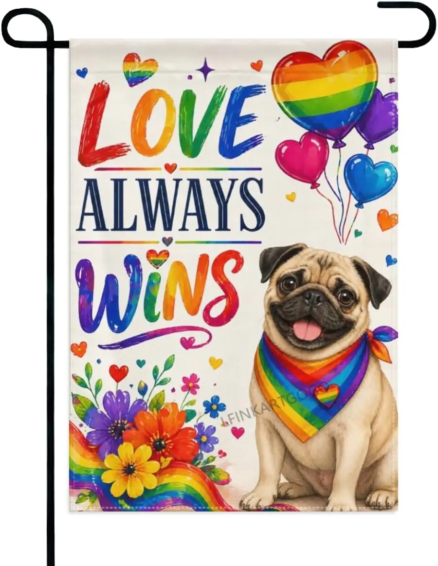 Pug-Dog Garden Flag 12x18 Inch Love Always Wins Colorful Heart and Floral Double Sided Polyester Outdoor Yard Flag for Home  kkz