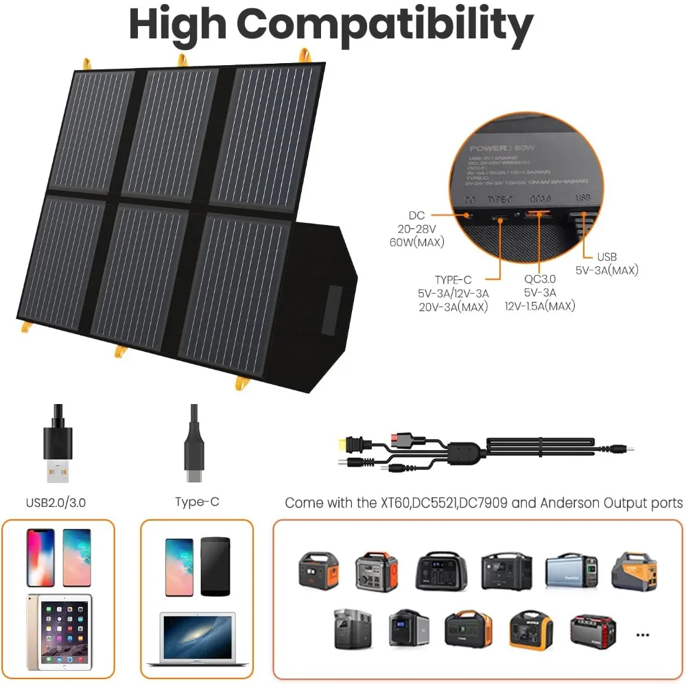 Upgraded 60W Portable Solar Panel Charger QC3.0 USB A USB C DC5521 Foldable IP65 Waterproof Solar Charger for Power Station