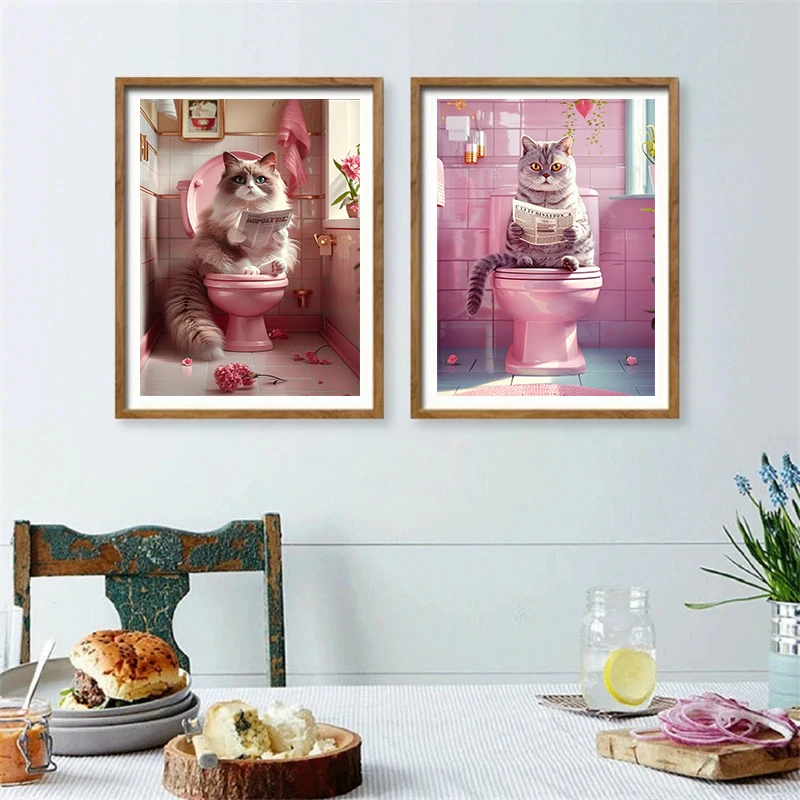 Animal on The Toilet and Reading Newspaper Poster Funny Cute Cat Bathroom Canvas Painting Wall Art for Room Lavatory Home Decor