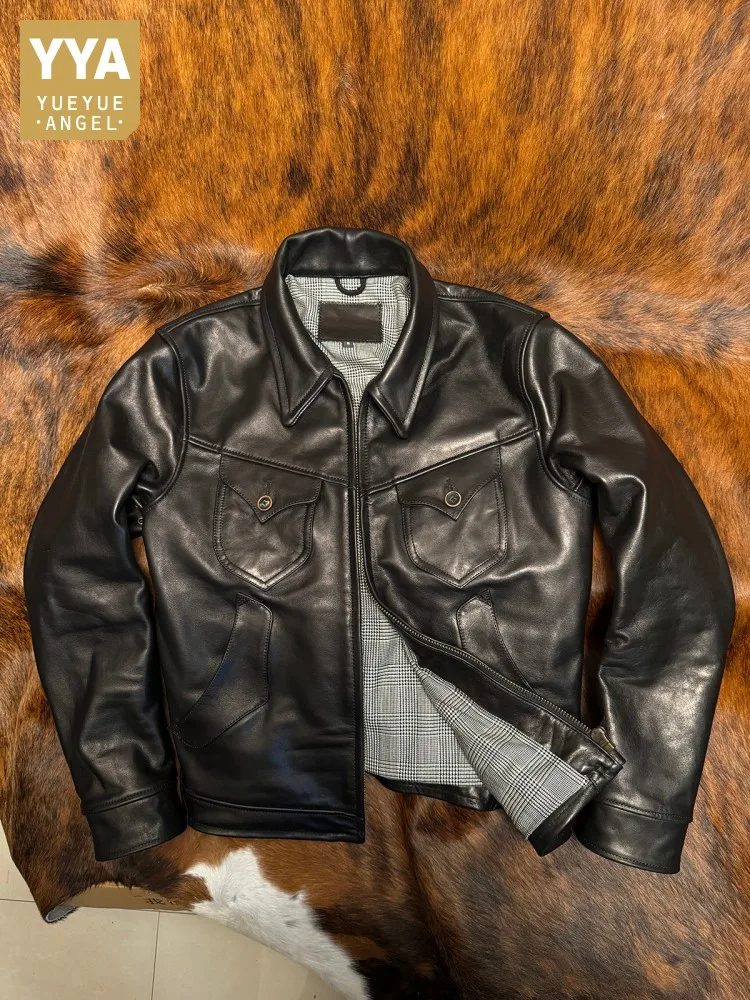 Mens Autumn Winter Work 100% Cowhide Genuine Leather Jacket Slim Fit Short Style Multi Pockets Moto Biker Coat Windproof Jackets