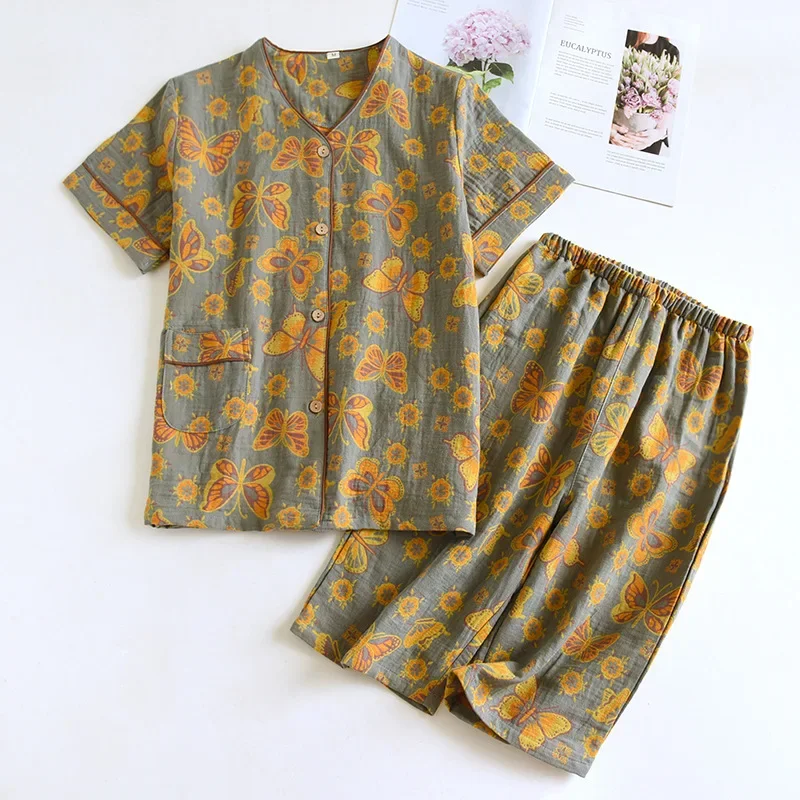 2024 Spring/Summer New Women\'s Pajama Set 100% Cotton Jacquard Short Sleeves+Capris Two Piece V-Neck Thin Homewear Ladies