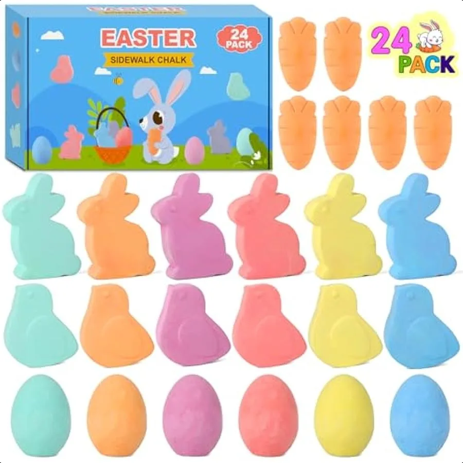 

24 Pack Easter Sidewalk Chalk Set with Easter Eggs Bunny Chicks Carrots Chalk for Teens Boys Girls Toddlers Easter Basket Stuff