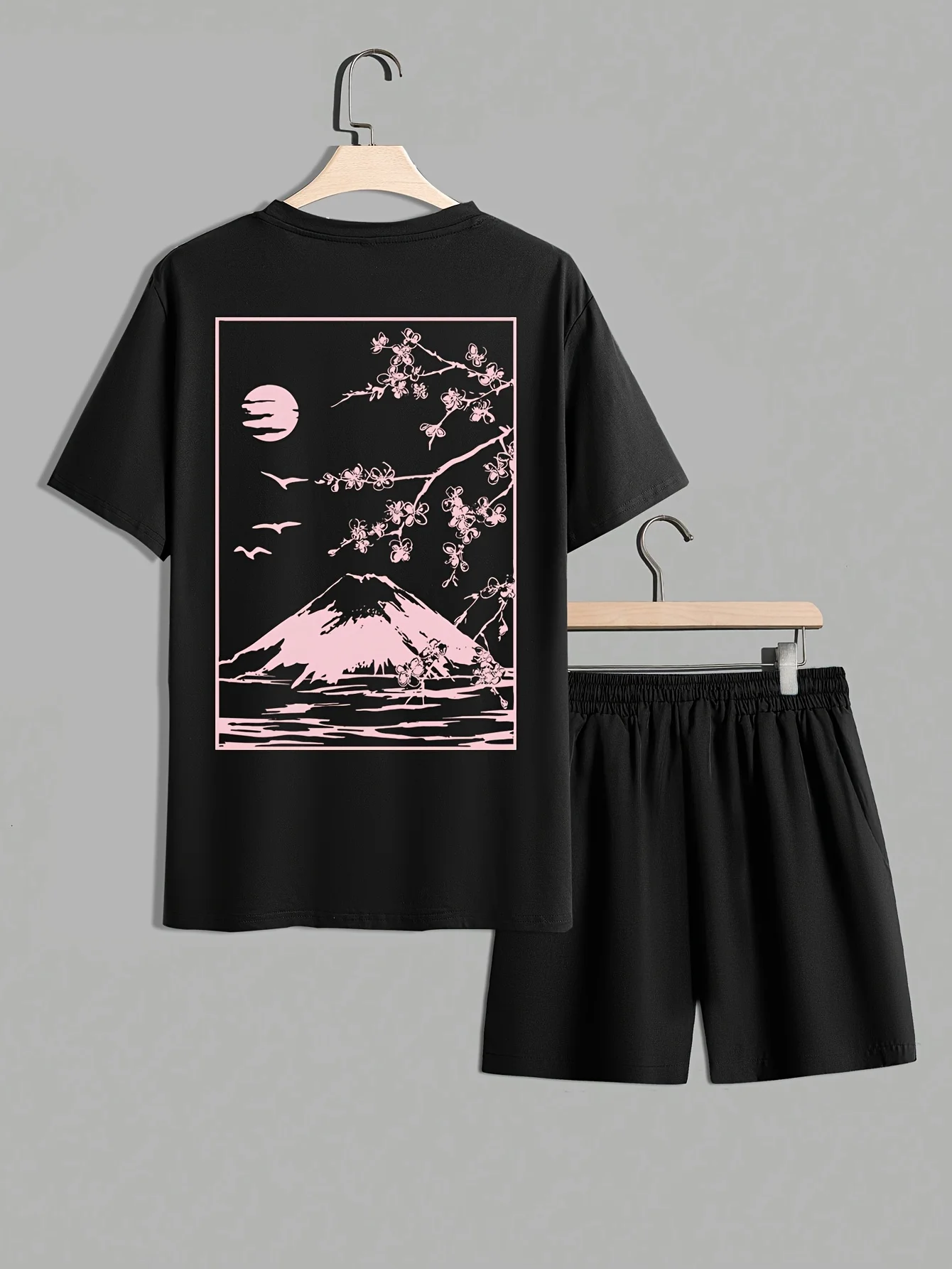 

Summer new men's cherry blossom landscape print comfortable and breathable round neck T-shirt shorts set outdoor casual clothing