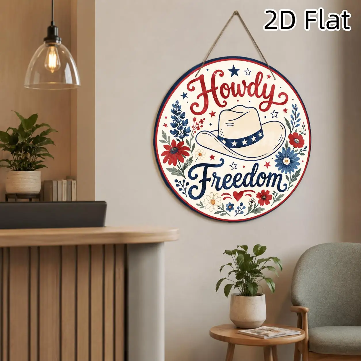 2D Flat Printing 1pc Round Wooden Hanging Sign, Patriotic Red Blue Floral Cowboy Hat Star Pattern Western Country Wooden Board,