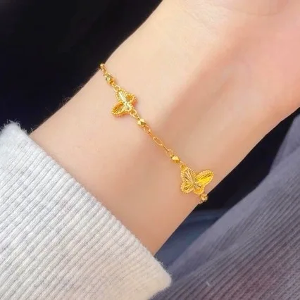 

New 24K pure gold laser butterfly bracelet for women super shiny butterfly jewelry AU999 real gold luck beads jewelry