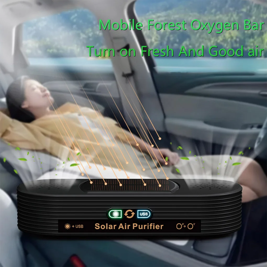 Solar USB Car Air Purifier Auto-Switch Power Safe Ozone Ion Tech Dual-mode Vehicle-mounted Ion Active Oxygen Dual-core Purifier