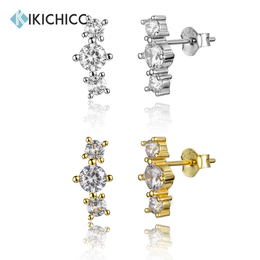 KIKICHICC 925 Sterling Silver Three Zircon CZ Stud Earring Women Luxury Jewelry 2023 Classic New Design For Women Crytal Jewels