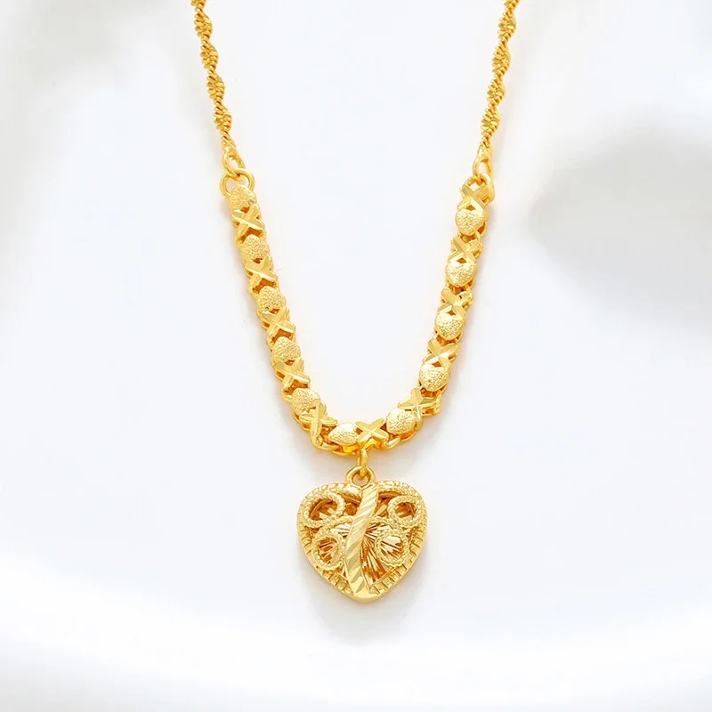 Fashion 24K Real Gold Heart Pendant Water Wave Chain Collar Senior Sense 999 Gold Vintage Quality Exquisite Love Necklace Women