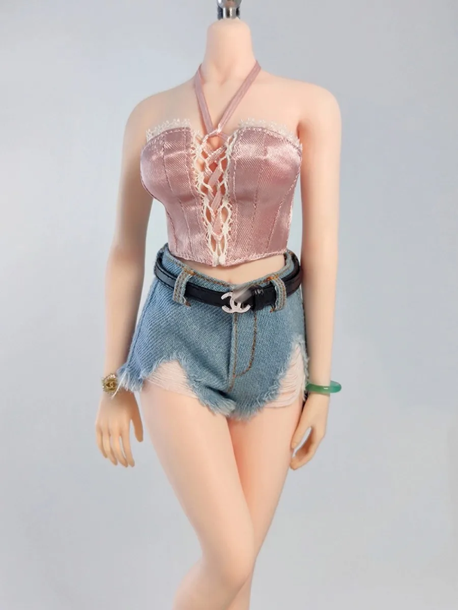 

1/6 Female Soldier Pink Corset Suspender Plastic Chest Clothes Denim Shorts Hot Pants Model 12Inch Action Figure Body Doll