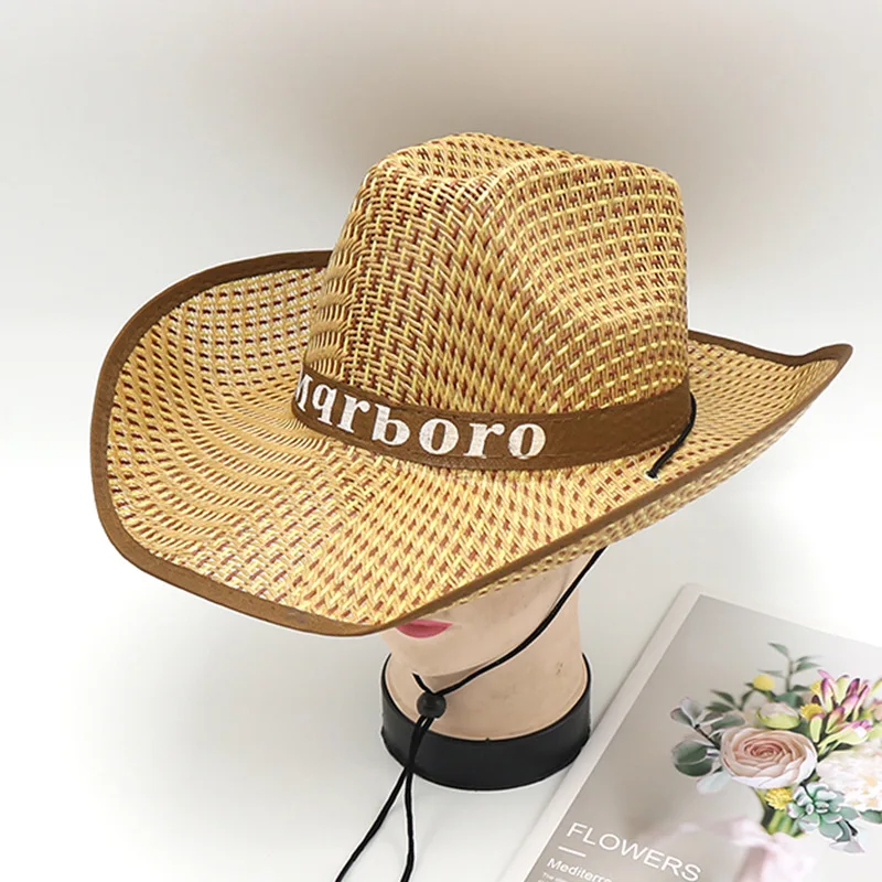 Straw Hat For Men Summer Outdoor Fishing Flat Edge Sunblock With Large Eave Shade Jazz Beach Western Cowboy Hat Sun Hat