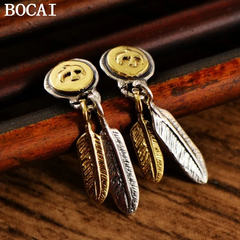 BOCAI S925 Silver Dominant Trend Personalized Soaring Seagull Feather Earrings for Men and Women Gift