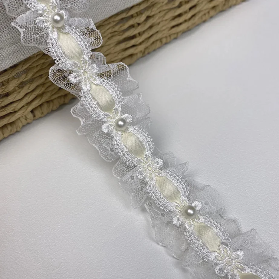 1 Yard Lolita Spitze Elfenbein Perlen Rüschen Spitzenstoff Kantenband Satinband DIY Kleidung Vorhänge Möbeldekorationen 3,5 cm breit – Detail 4