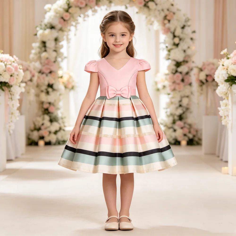 Hot New Children's Striped Dress with Bow Little Girl Birthday Party Piano Performance Dress
