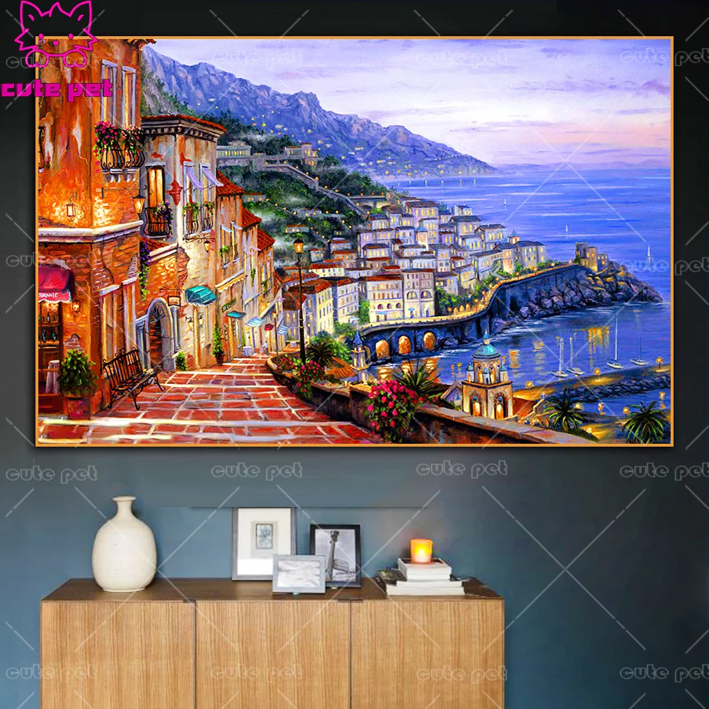 DIY Diamond Painting Coastal town scenery 5D rhinestone Cross Stitch Diamond Art Embroidery Mosaic Handmade Home Decor puzzle