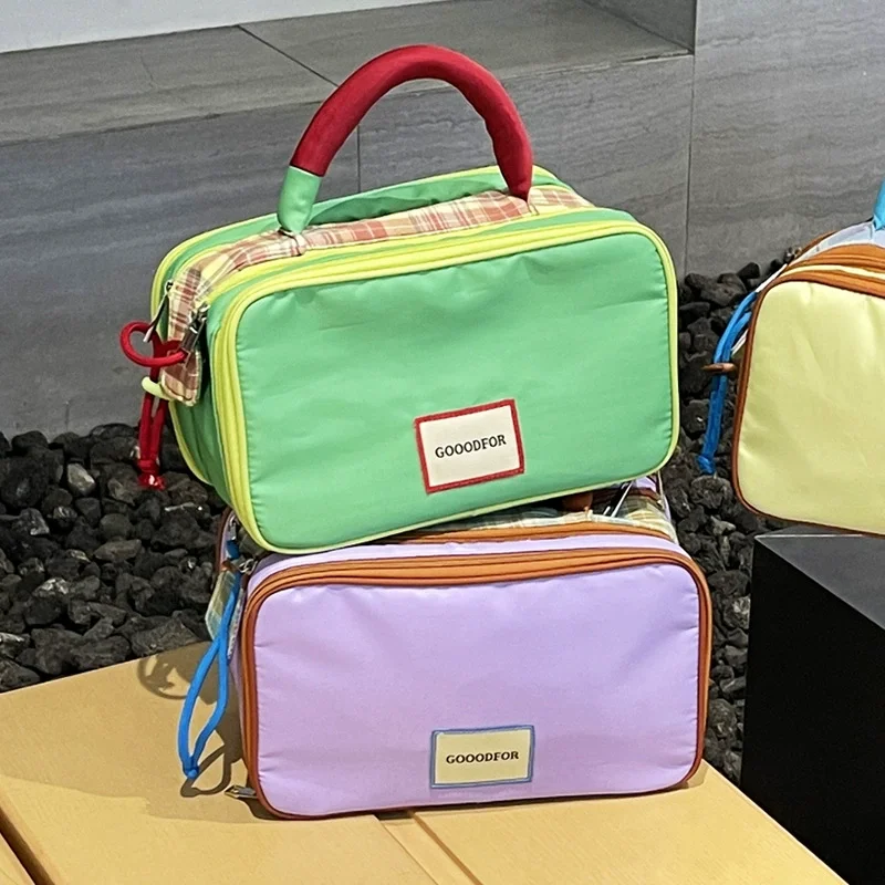 Color Block Travel Cosmetic Bag GOODFOR Label Large Capacity Nylon Makeup Handbag Multi‑Layer Portable Toiletry Storage Pouch