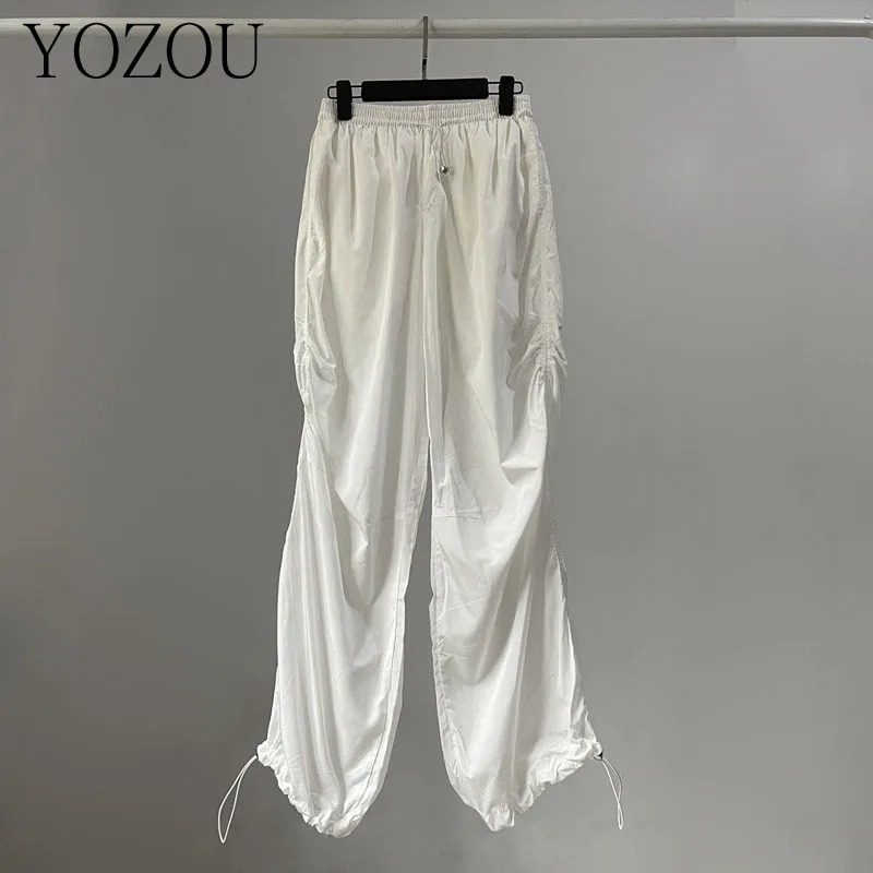 [YOZOU] Light Color Gorpcore Elastic Waist Folds Drawstring Baggy Parachute Pants Oversized Wide Leg Trousers White Black Women