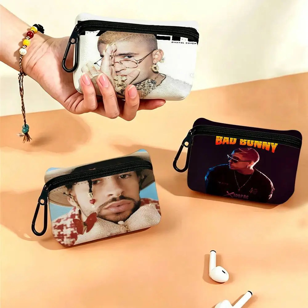 Singer Bad Bunny Mini Hanging Oxford Cloth Coin Bag Durable Zipper Key Card Pouch With Carabiner