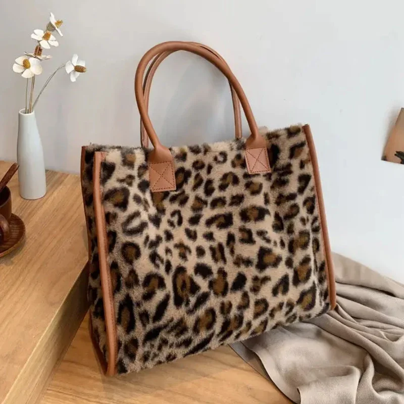 Winter Faux Fur ,Leopard Print Designer Shopper Totes, Fashion Soft Plush Women Shoulder Bags, Large Capacity Handbags and Purse