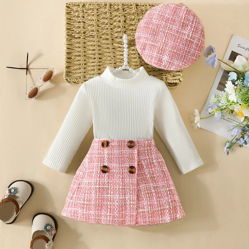 3Pcs Outfits Fashion Baby Girl Clothes Turtleneck Tee Long Sleeve Tops Plaid Skirts with Hat Infant Toddler Girl 6Months-3Years