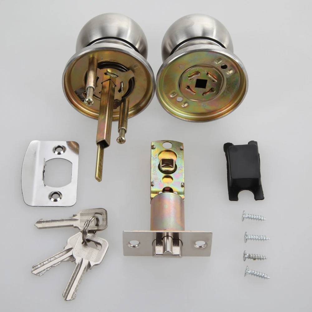 Stainless Rotation Round Door Knobs Handle Entrance Passage Lock with Keys Sets for Home Hotel Office Doors