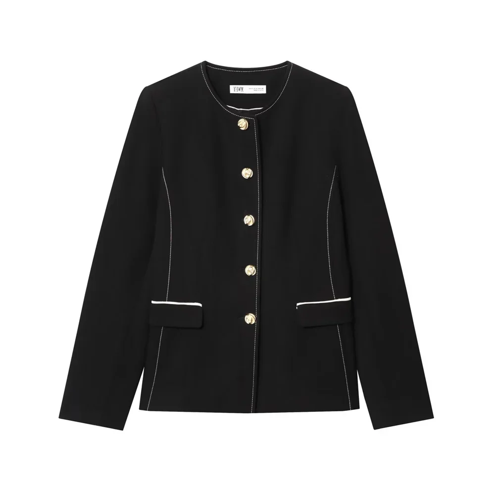 가을 신상 여성 패션 트리밍 및 재봉된 수트 재킷과 대비되는 허리 디자인의 더블 브레스티드 스커트 팬츠