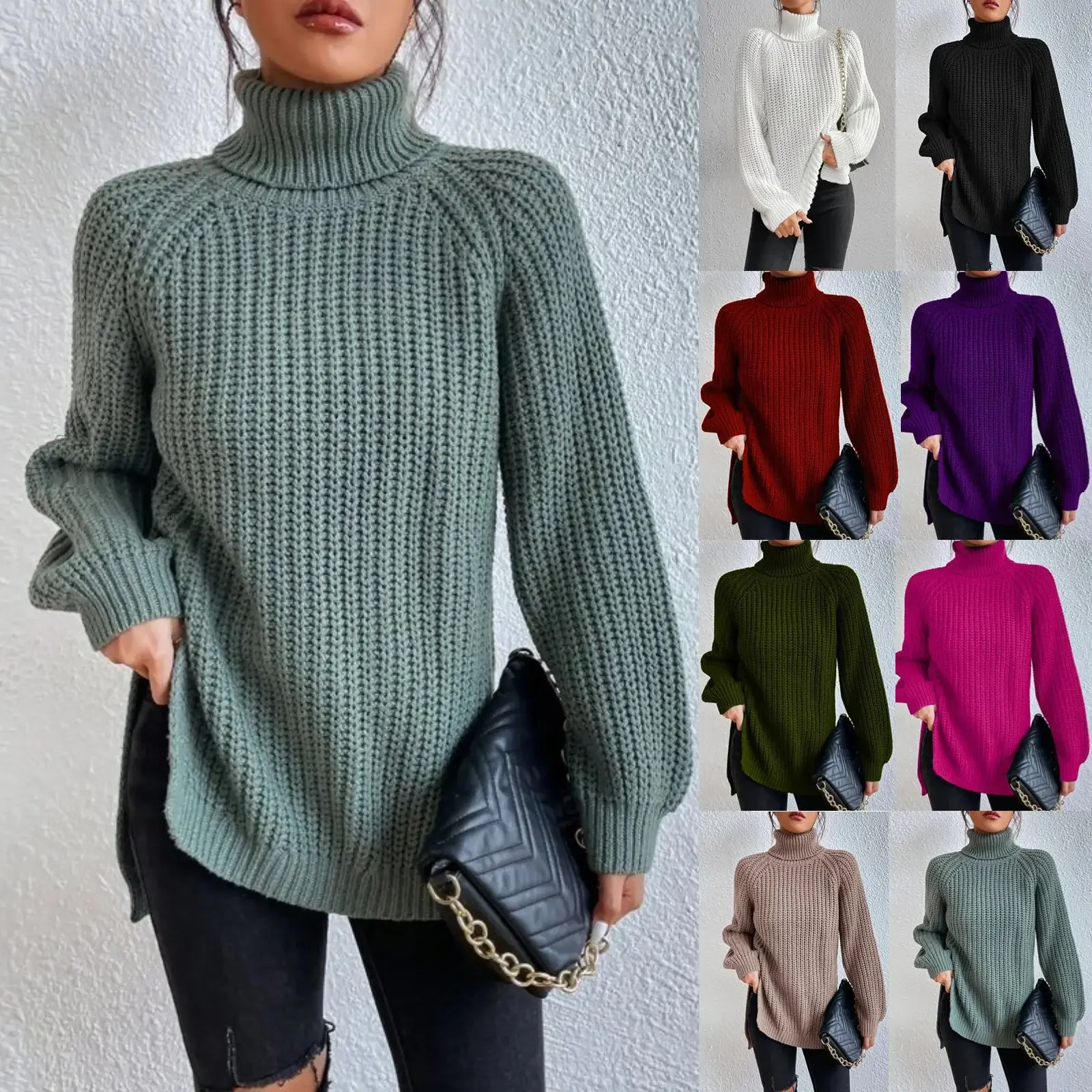 

Sweater Women's 2025 Autumn/Winter New Product Wish Knit Medium Long Raglan Sleeve High Flip Collar Split Sweater Dress for Tops