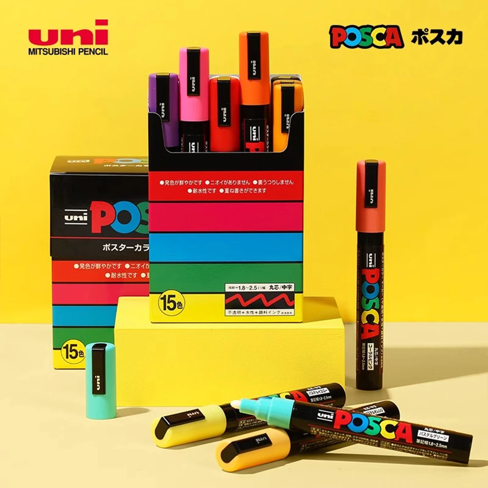 UNI POSCA PC Series Water-based Acrylic Marker Pen PC-1M/3M/5M POP Poster Hand Drawn Color Marker Pen Quick Drying Waterproof